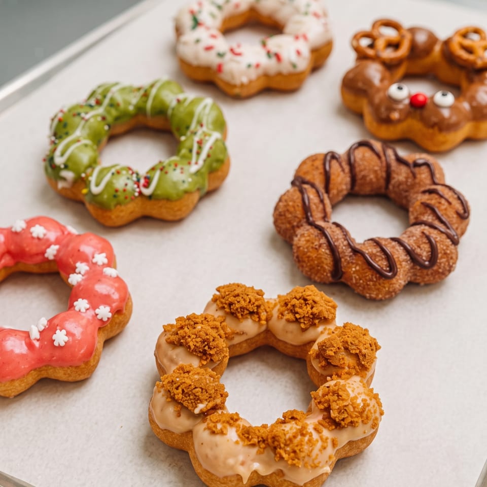 Variety of colorful mochi donuts with different glazes and toppings, including a reindeer donut, on a tray.